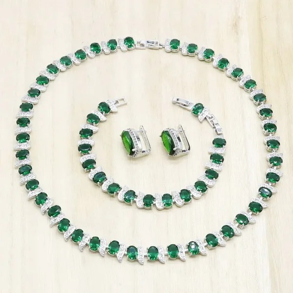 Geometric Green Crystal Necklace Earrings Bracelet 925 Sterling Silver Jewelry Sets for Women Party Wedding Bridal Jewelry - Окраска металла: 3PCS