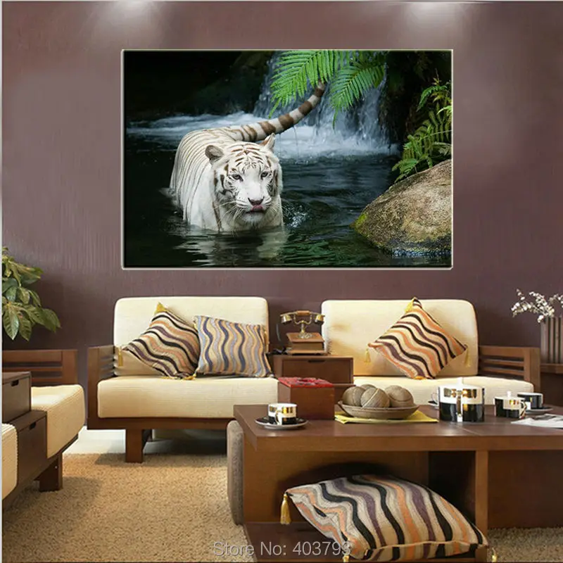 

White Tiger in the Lake Canvas Print For Living Room Unframed HD Printed Wall Art Animal Print Home Decor
