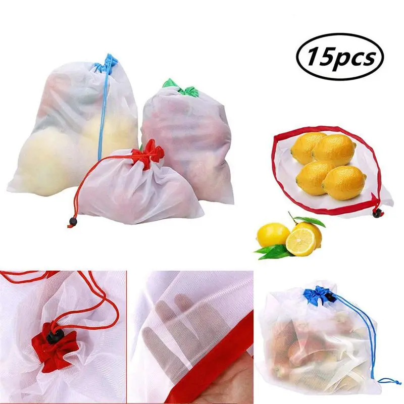 Многоразовые продукты мешок моющиеся Экологичные складные сетчатые сумки для покупок Хранение продуктов фруктов овощей(3 разных размера)(15p