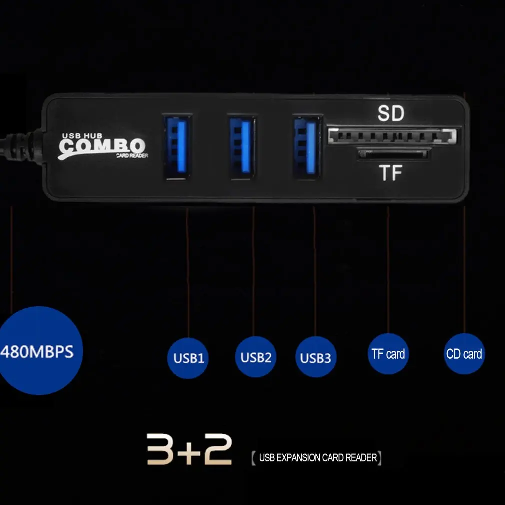 USB концентратор комбо 3 порта Высокоскоростной USB 2,0 концентратор сплиттер 2 в 1 SD/TF кардридер