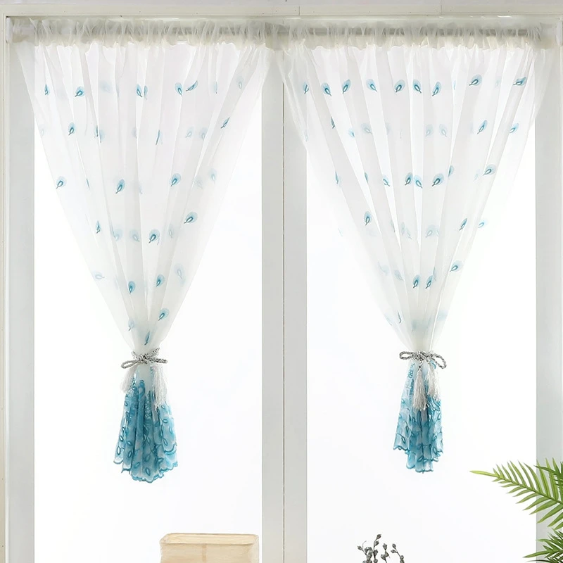 1PC Embroidered Short Curtain Peacock Feather Sheer Tulle For Living Room