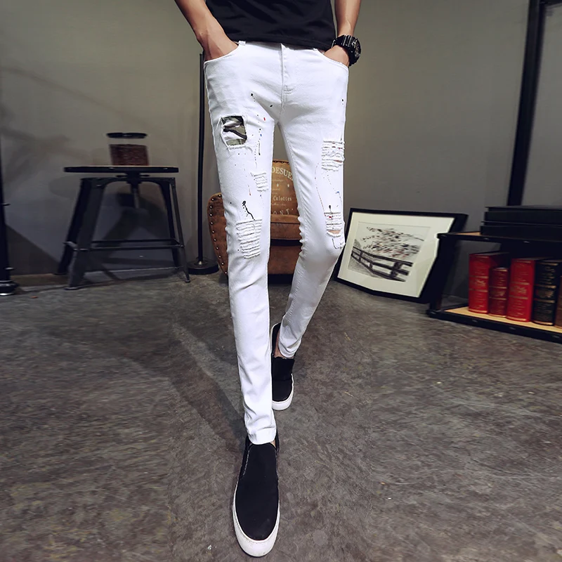 2018 г. Модные осенние новые штаны Для мужчин Марка Slim Fit личности патч Дизайн отверстие Повседневное Для мужчин узкие брюки Лидер продаж