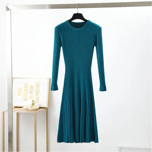 Женский элегантный осенне-зимний свитер бодикон приталенное одноцветное платье для женщин длинное плотное вязаное платье теплое платье с длинным рукавом А-силуэта - Цвет: Blue
