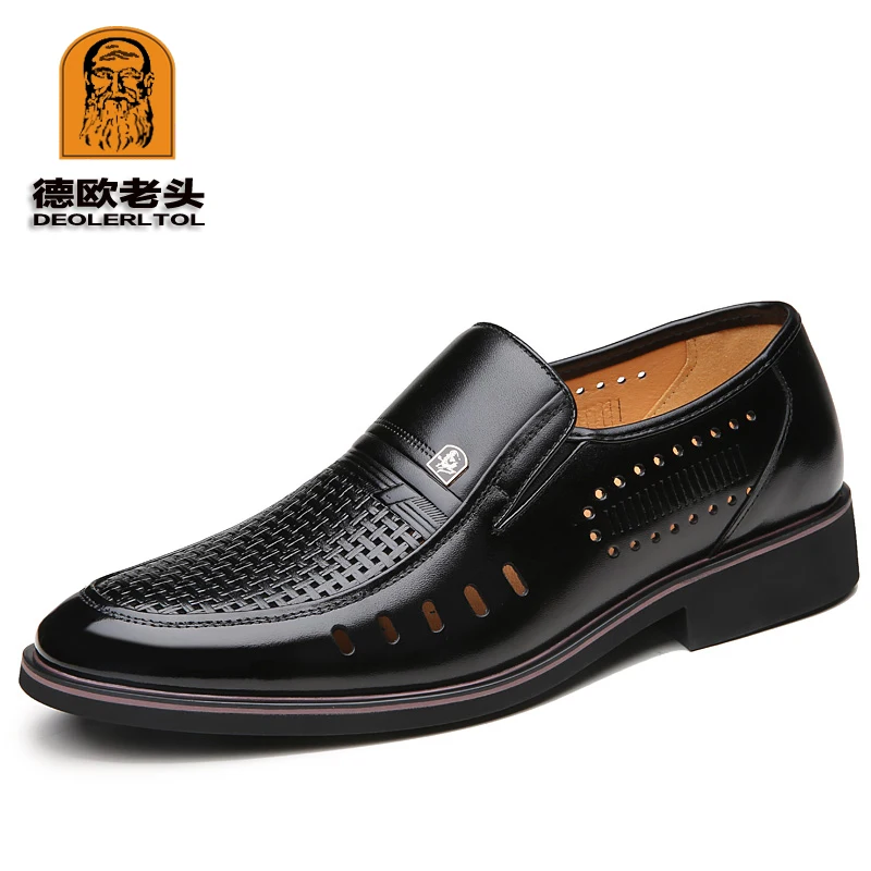 

2019 Men Summer Leather Shoes Pointed toe Quality Cowhide Black Leather Soft Man Breathble Hole Shoes