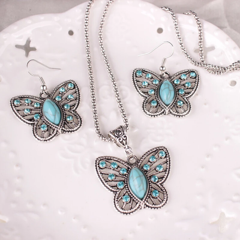 Vintage Butterfly Earrings Necklaces Crystal Jewelry Sets For Women Elegant Necklace Pendant Earrings Anniversary Gift
