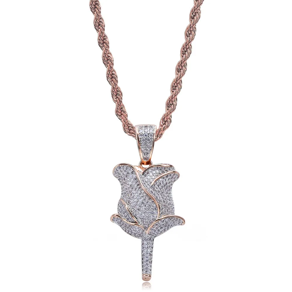 

Delicate Micro Pave Rose Pendant Necklace 60cm Stainless Steel Chain Jewelry Gift for Wedding Engagement with Box