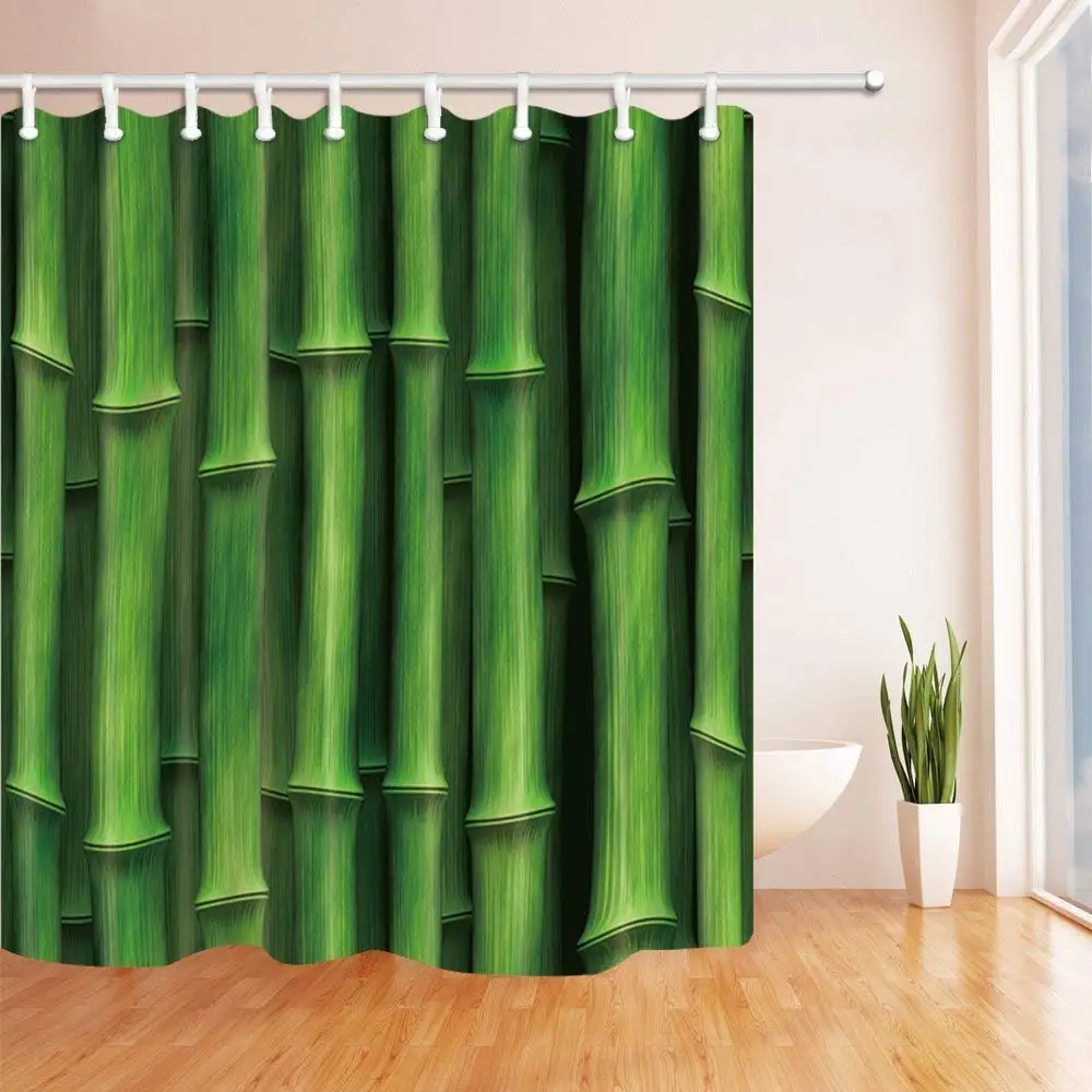 Hand Painted Plants Shower Curtains Green Bamboo Texture Polyester