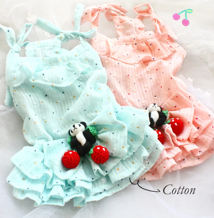 

Free shipping dog clothes dog dresses dot panda strawberry cotton linen for summer breathe freely nice and cool comfortable pet