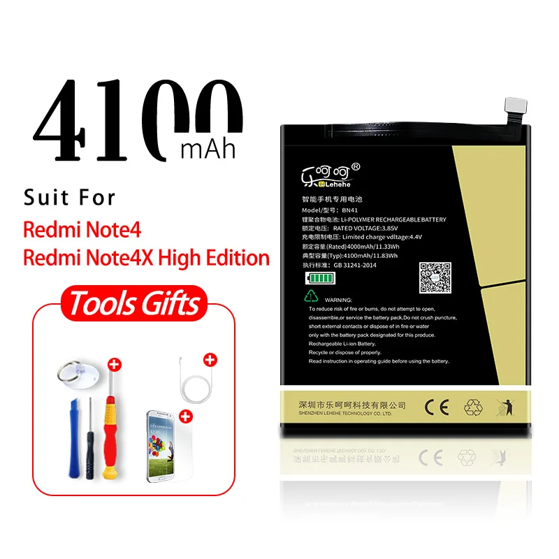 

2019 New BN41 Battery For Xiaomi Redmi Note4 4100mAh High Capacity Replacement Bateria with Tools Gifts