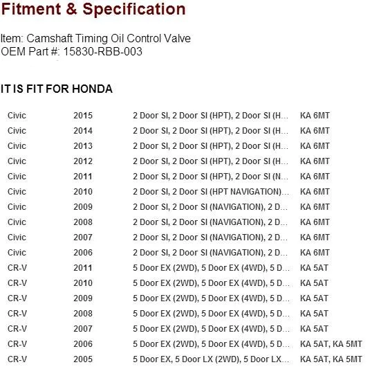 Распределительный распределительный клапан управления маслом для Honda Civic 06-15 CR-V 05-11 15830-RBB-003 15830RBB003