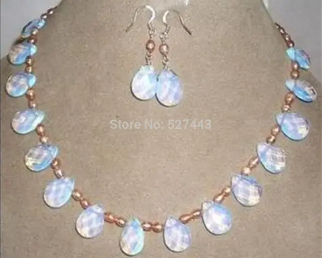 Whole Pink Pearl Opal Necklace Earring Set 17 5 Top Quality