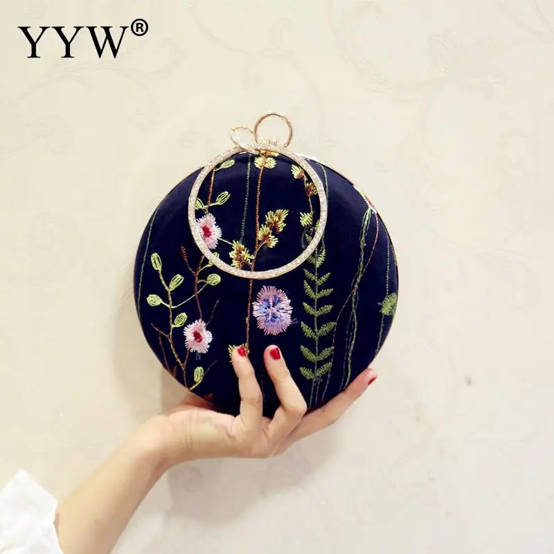 

Women Round Evening Bag Embroidery Flowers Clutch Mini Chain Crossbody Teenager Girl Small Shoulder Bags Lady Party Cluthes Bags
