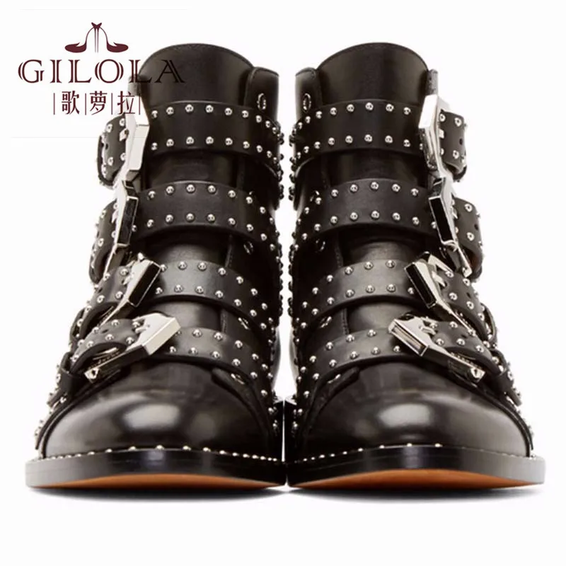 genuine leather new ankle motorcycle rivets women boots fashion leather shoes women autumn winter shoes woman
