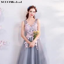 

SOCCI Weekend Elegant V Neck Prom Dress 2018 New Gray Pink Sleeveless Appliques Foral Formal Wedding Party Dresses Beaded Gowns