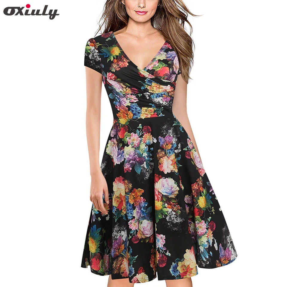 Платье Oxiuly женское винтажное с цветочным принтом|office dress|a-line dressdress ruched |