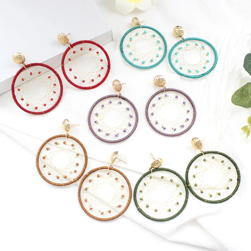 

10 Color Big Round Dream Catcher Reticular Section Dangle Earrings Bohemian For Women Dreamnet Drop Earrings Charm Jewelry