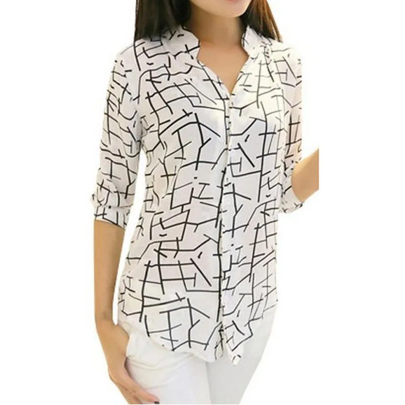 Горячая S-XL Элегантный принт летние модные женские повседневные рубашки шифон блузки рубашки