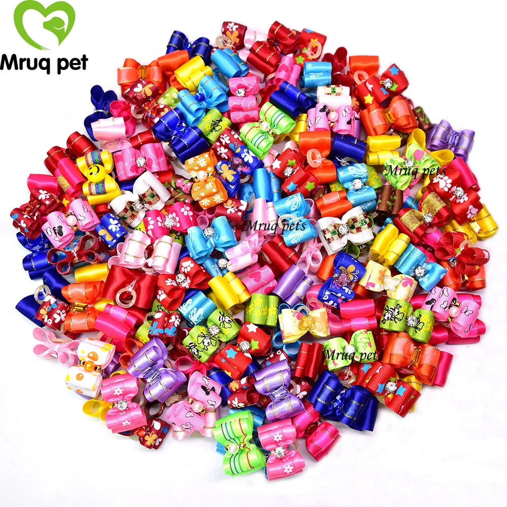 

100pcs Small Pet Puppy Dog Cat Hair Bows with Rhinestone Mixed Patterns Pet Dog Grooming Accessories for Small Dogs Pet Products
