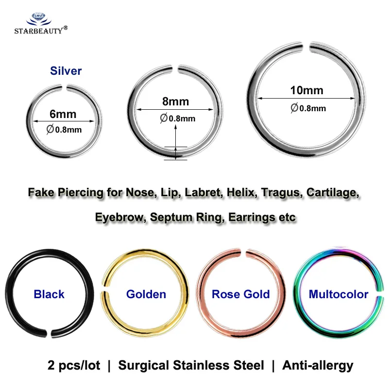 2 шт. 20G 6/8/10 мм фальшивый нос кольцо спирали пирсинг кольцо для пирсинга губ поддельные перегородки Пирсинг для пупка пирсинг Pircing серьги в виде колец, ювелирные изделия