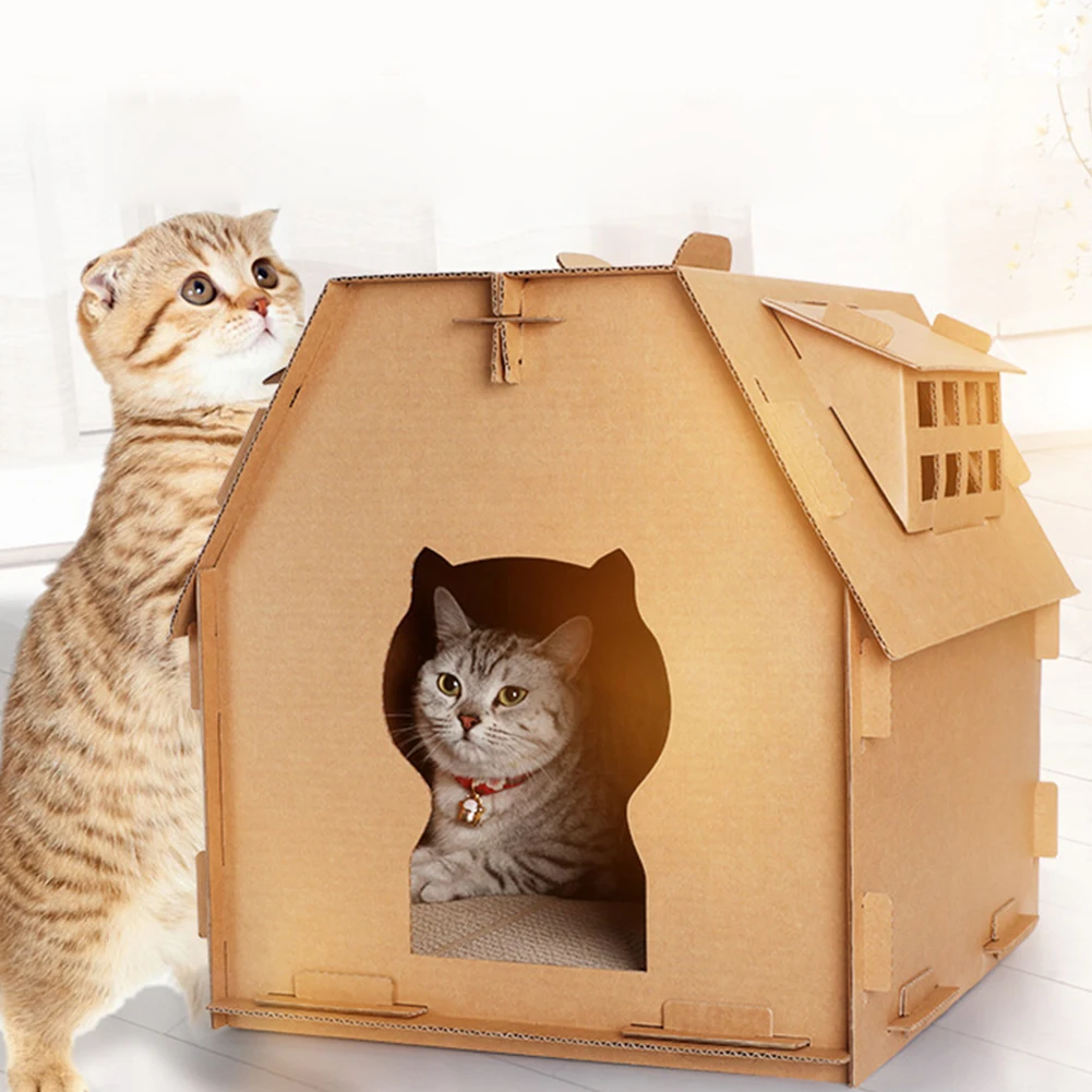 

Self Assembly Cat House Tools DIY Corrugated Paper Scratch Board Kitten Carton Box Have Small Window Pet Toys Furniture Supplies
