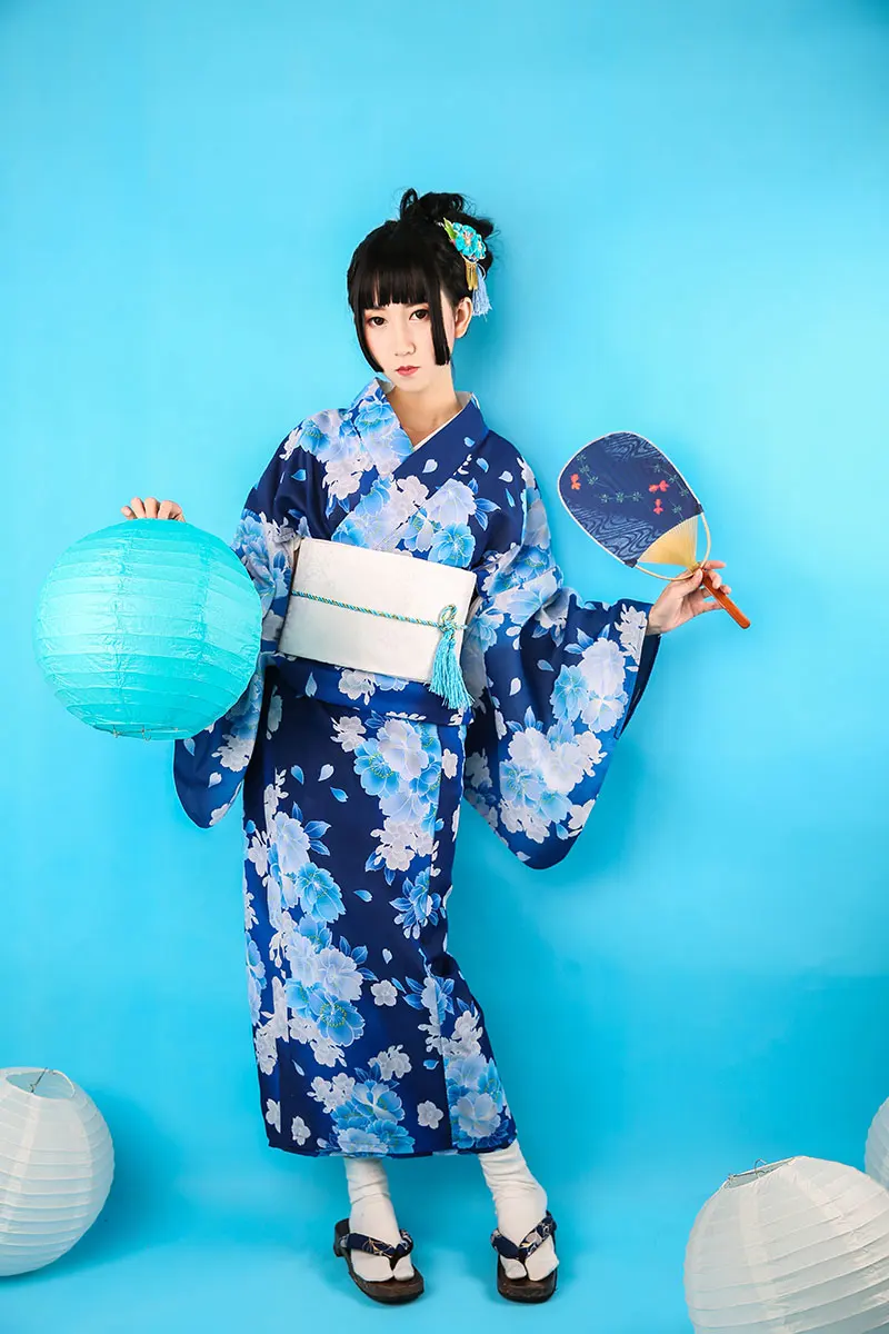 Novelty Blue Floral Ladies Kimono Traditional Japanese Yukata With Obi ...