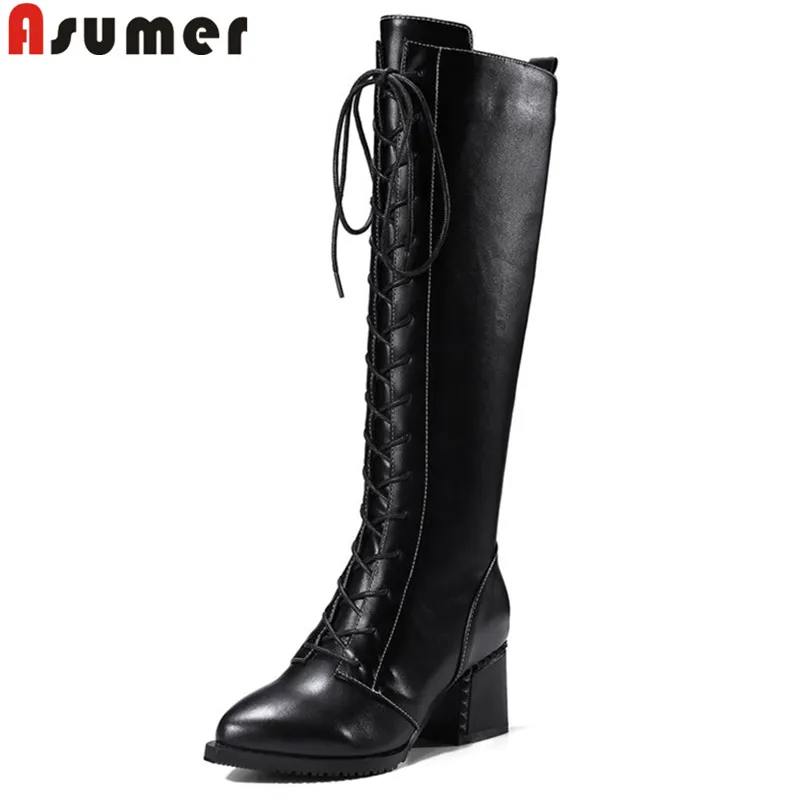

ASUMER size 33-41 fashion knee boots women pointed toe zip cross tied microfiber+cow leather boots women high heels shoes