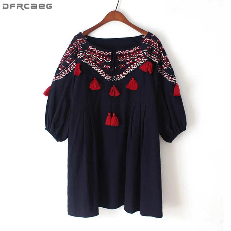 

Loose Knee Length Midi Women Dress 2019 Elegant Embroidered Boho Beach Vestido Casual Drawstring Tassel O-Neck Ladies Dresses