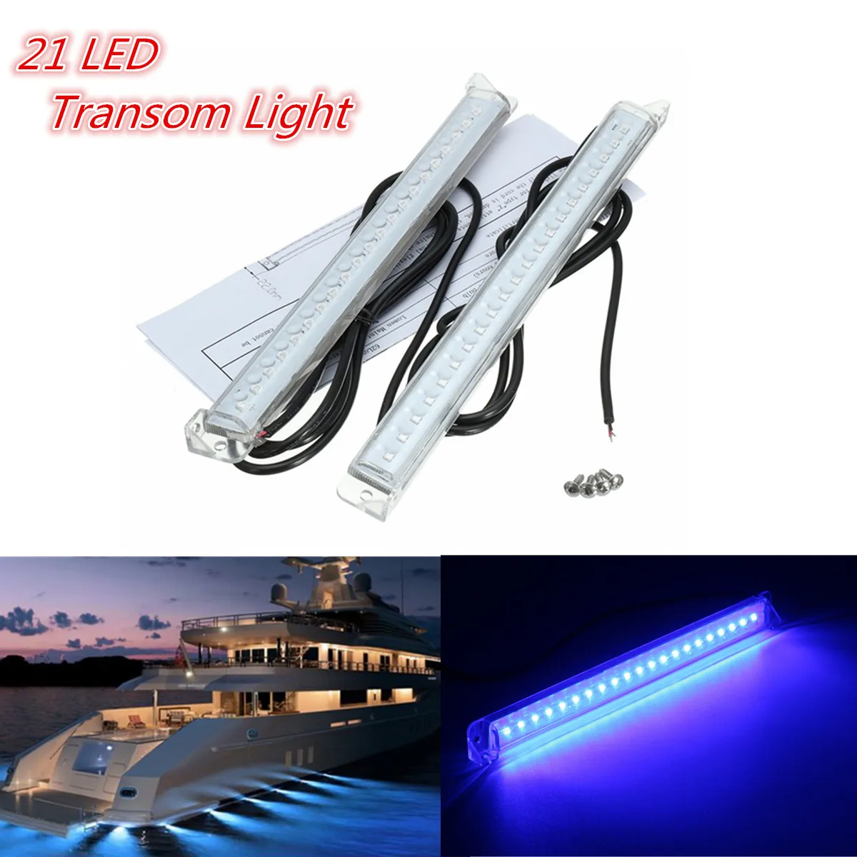 

2Pcs Universal 12V Boat Transom Blue Light 21 Led Trim Tab Light Kit Transom Stern Bar Blue Under Water Lighting For Boat Marine