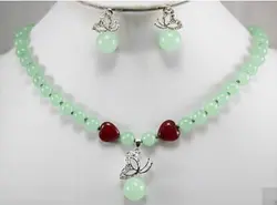 Горячие продажи @> бесплатная доставка 00749 Красивая драгоценности зеленый нефрит ожерелье бабочка подвеска серьги Природных ювелирных