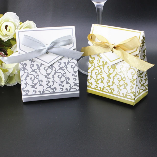 10pcs Creative Golden Silver Ribbon Wedding Favours Party Gift Candy 10pcs Creative Golden Silver Ribbon Wedding Favours Party Gift Candy Paper Box Cookie Bags