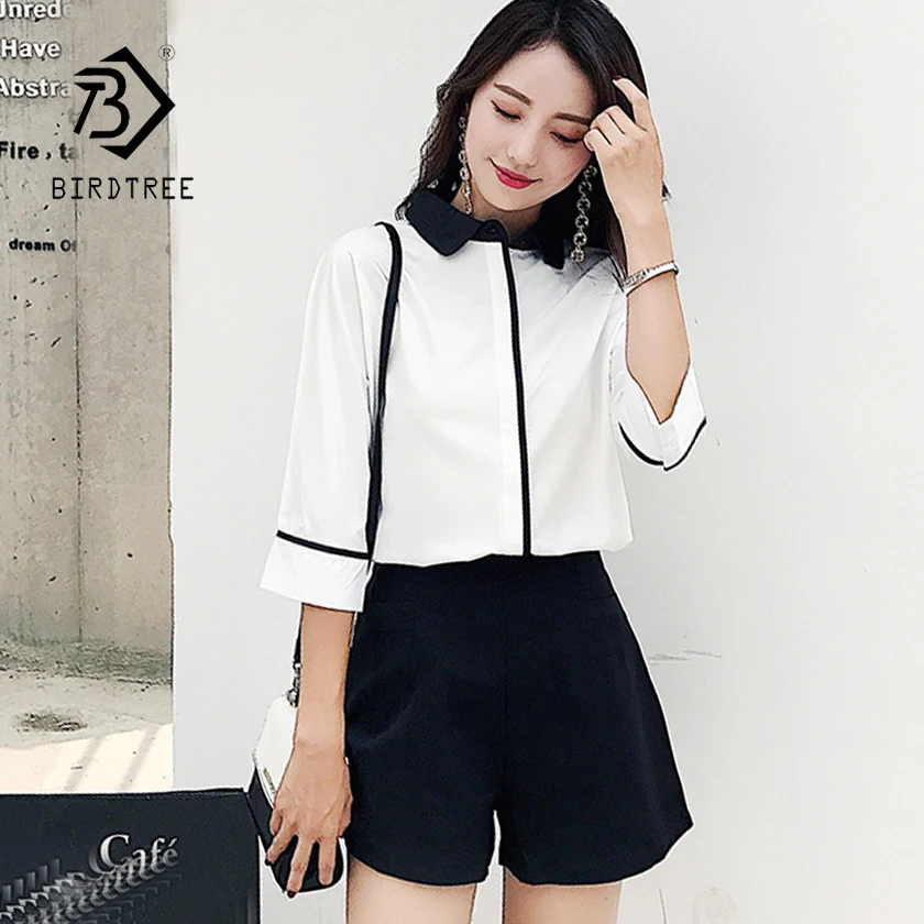 

New Arrival Women's Solid White Turn-down Collar Top & High Waist Black Shorts Elegant Office Lady Classic Suits Hots S87467X