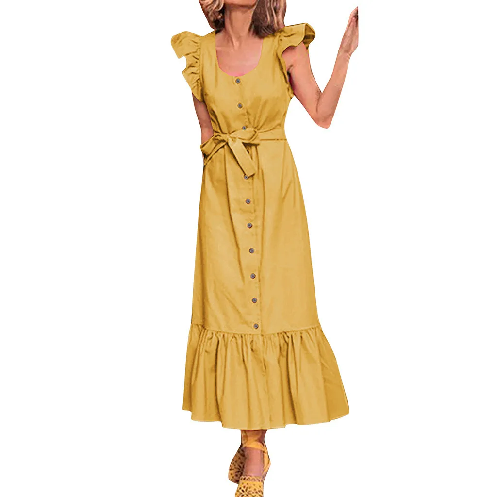 Летнее макси платье женское сексуальное с коротким рукавом гофрированное длинное платье повседневные ремни однотонные плиссированные пляжные платья Vestido Robe femme - Цвет: Цвет: желтый