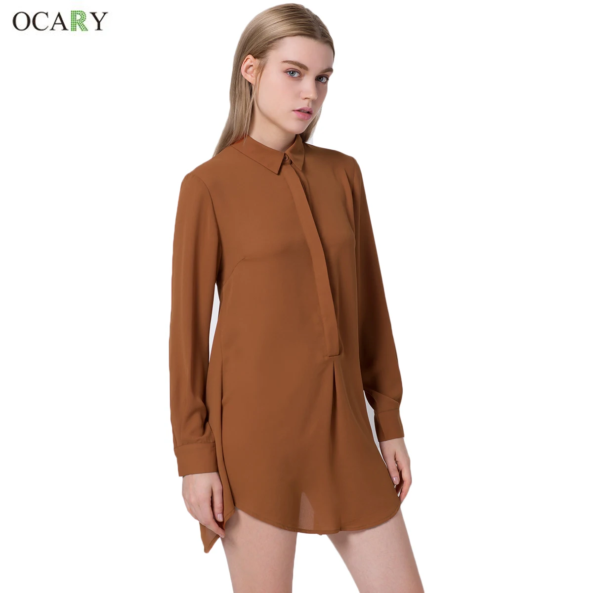 OCARY Long Sleeve Waist Lace up Blouse Loose Style Button Chiffon Shirt ...