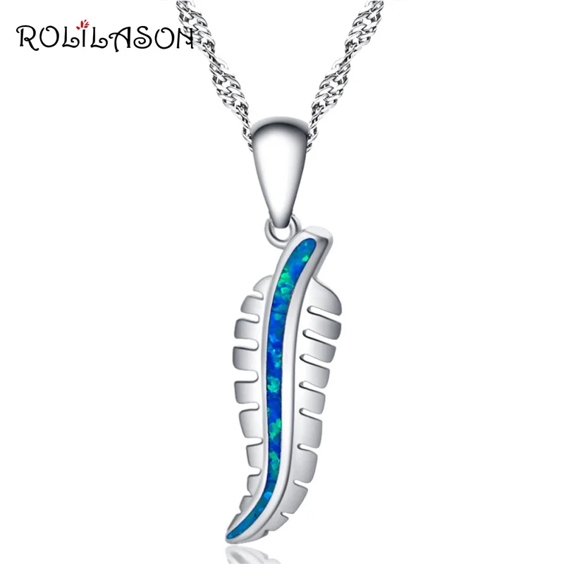 

ROLILASON Leaf Amazing Blue Fire Opal Silver Stamped 925 Necklace Pendants for lady anniversary OP747