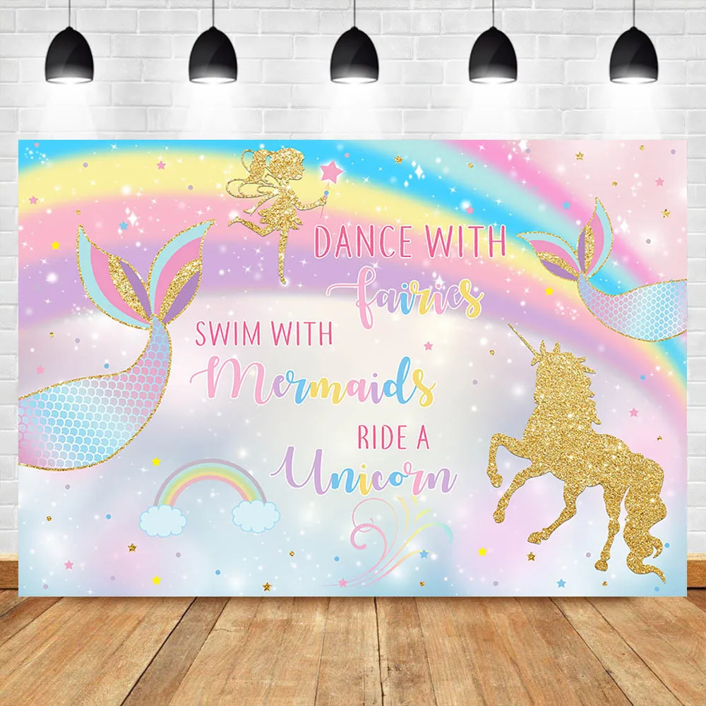 

NeoBack Rainbown Fairies Unicorn Backdrop Mermaid Birthday Party Photography Backdrops Dessert Table Decor Props Backdrops