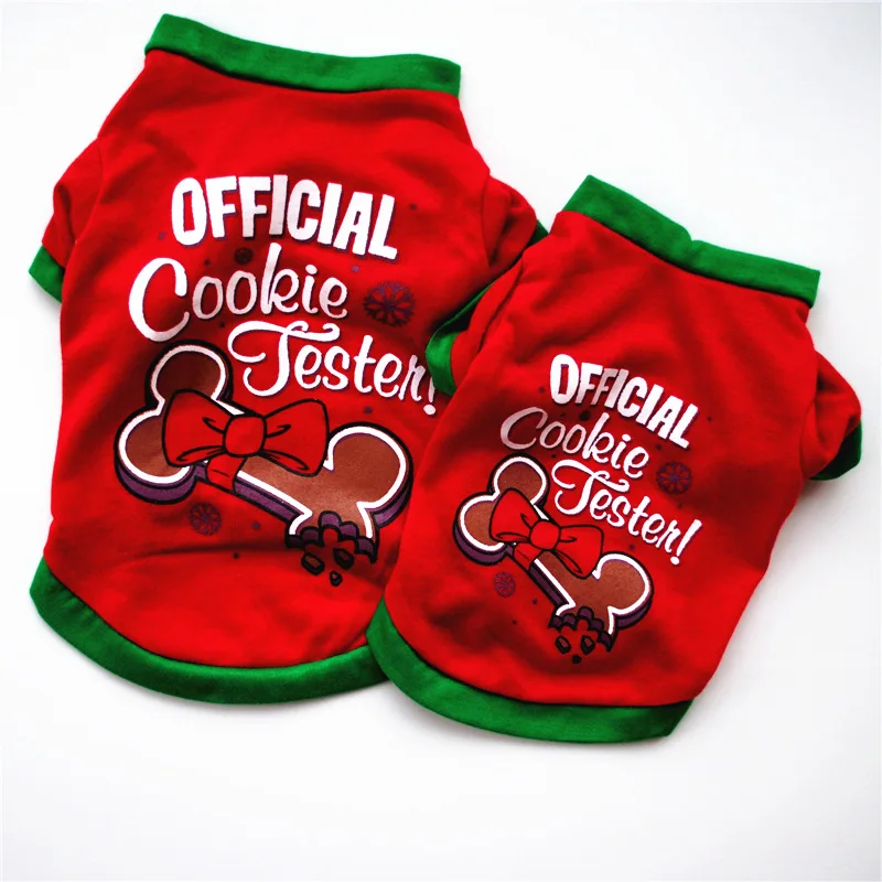 

New Red Christmas style cotton dog t-shirt cookie letter print pet vest bow tie clothes for Pet Dogs Cat Clothes Pet Products
