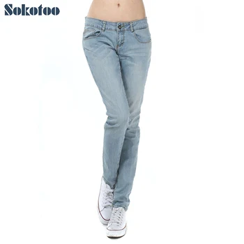 

Sokotoo Women's casual big size light blue jeans All match stretch denim pants Long trousers for big and tall