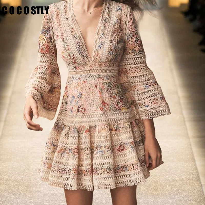 

2018 NEW Summer Dresses Women Vintage Flare Sleeve A-Line Dress Female Hollow Out Solid Casual Dresses vestido