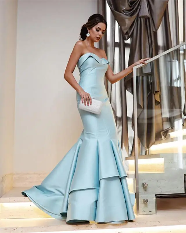 

Simple Elegant Baby Blue Mermaid Prom Gowns 2019 Long Ruffles Formal Party Evening Dresses Lace Up Plus Size Vestido Longo