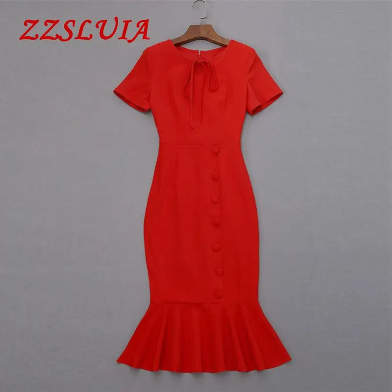 S-XL Solid color O neck short sleeve bow designer slim elegant fishtail dresses 2018 new brand women's 2603 | Женская одежда