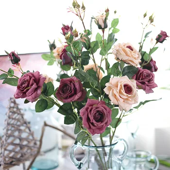 

3 heads/bouquet silk tea rose high qualit artificial flower wedding flower bouquet decorative for home room decoration