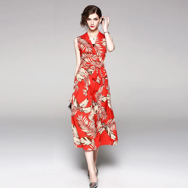 

PADEGAO Summer Women's Wear 2019 Temperament V Sleeveless Fashion Chiffon Printing Retro Elegant Slim Commuter Leisure Suit