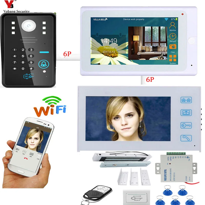 Yobang безопасности Wi-Fi беспроводной видеодомофон домофон 7 дюймов монитор видеодомофон система дверного телефона комплект + блокировка
