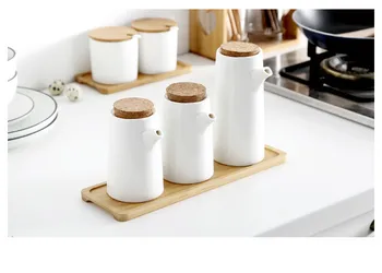 

1SET Kitchen Ceramic White Gravy Boats Oil Pot Vinegar Soy Sauce Bottle Pepper Seasoning Bottle Seasoning Jar Bamboo OK 0888