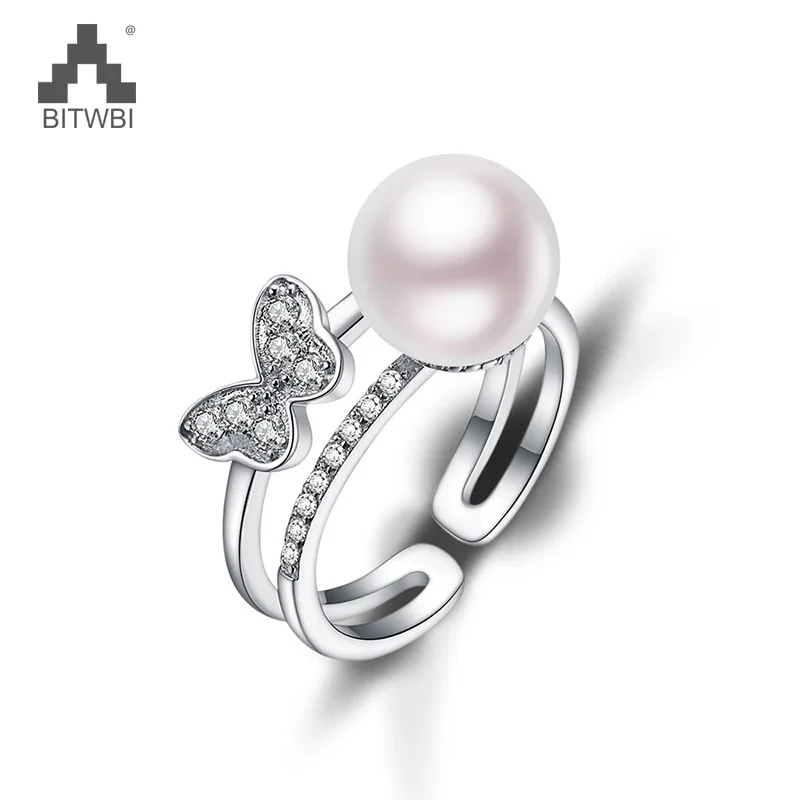 

100% 925 Sterling Silver Adjustable Ring 9.5-10mm Natural Pearl Double Row Butterfly Zircon Ring
