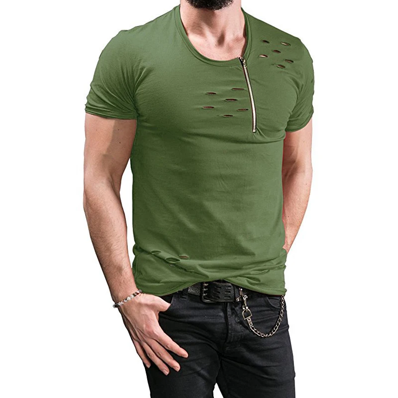 Uwback Summer Men's Plus Size 3XL Short Sleeve Ripped Hole Zipper Casual Hip Hop T-Shirts image 3