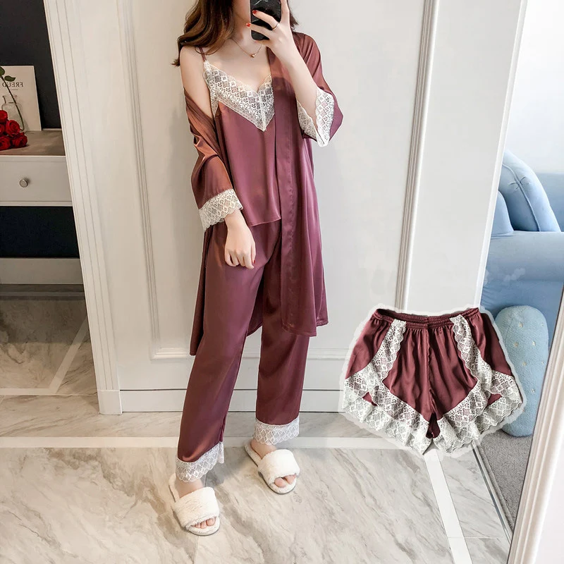 

Lady Satin Comfortable Sleepwear 4PCS Pajamas Pyjamas Suit Strap+Pant+Robe Sleep Set Long Sleeve Nightwear Lace Trim Home Shirt