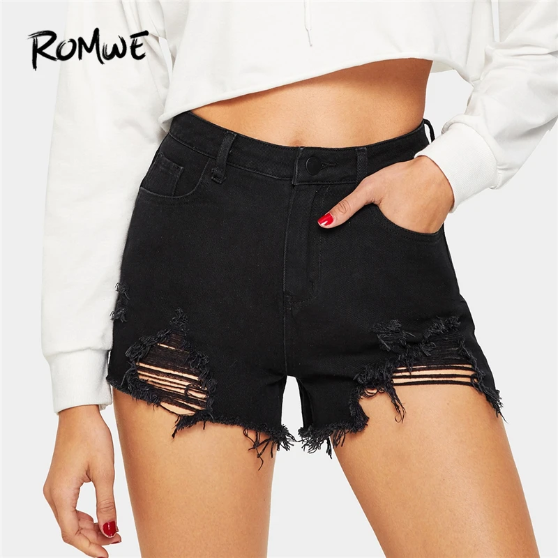 ROMWE Destroy Ripped Denim Shorts Stylish Women Black Pocket Button