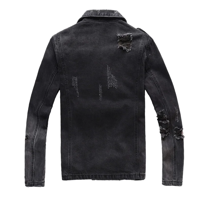 European American Fashion Men Jacket Black Destroyed Ripped Denim Jacket Men Brand Coats Streetwear Designer Zipper Biker Jacket