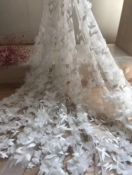 

Nigeria Lace Fabric with feather 3d flower African Tulle French Fabric White Embroidered Tulle Fabric